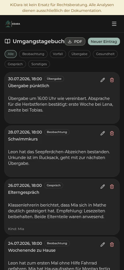 Umgangstagebuch auf dem Handy: vier Einträge untereinander, jeweils mit Datum, Uhrzeit, Kategorie wie „Übergabe“ oder „Gespräch“, Titel und ausformulierter Beobachtung. Darüber eine Filterleiste über alle Kategorien.