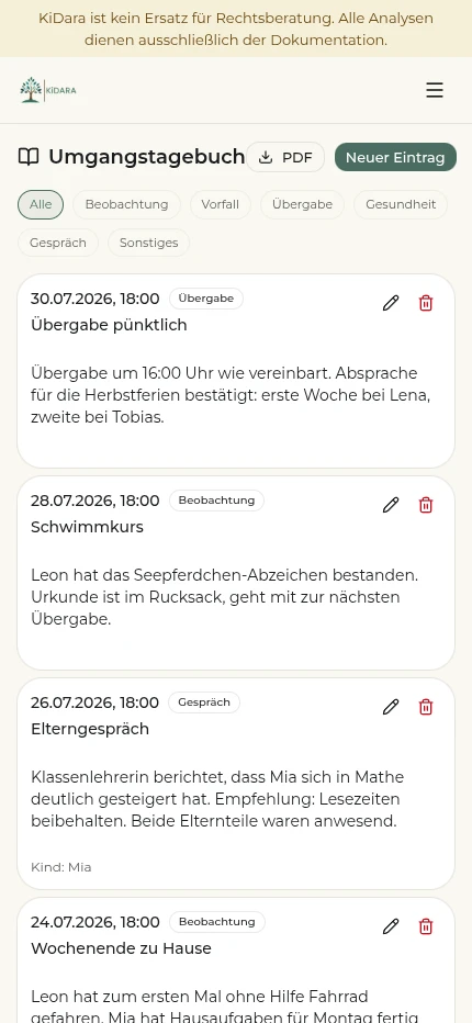 Umgangstagebuch auf dem Handy: vier Einträge untereinander, jeweils mit Datum, Uhrzeit, Kategorie wie „Übergabe“ oder „Gespräch“, Titel und ausformulierter Beobachtung. Darüber eine Filterleiste über alle Kategorien.